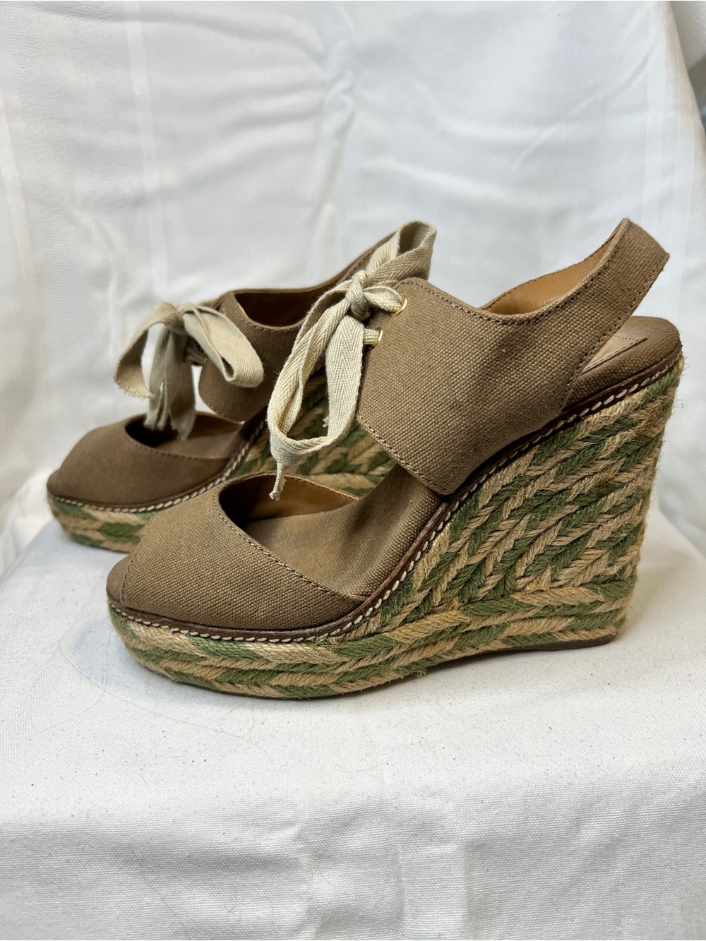 EUC Tory Burch Linley Canvas Espadrille w/ Green Braided Jute Wedge Heel. SZ 7